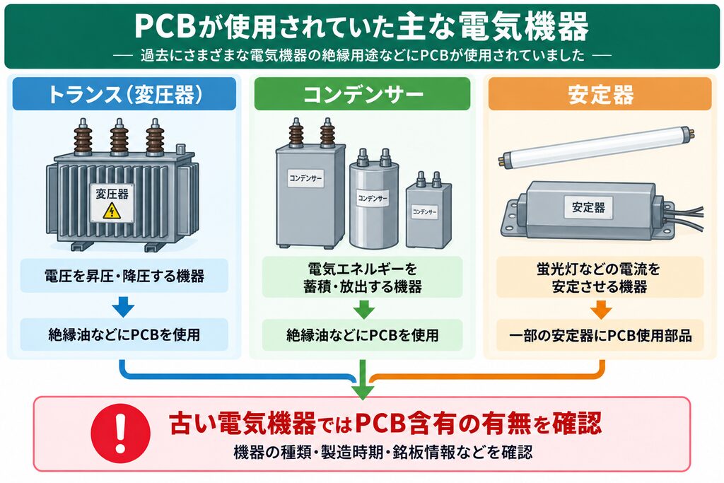 PCBが使用されていた主な電気機器として、トランス（変圧器）、コンデンサー、蛍光灯などの安定器を示し、古い機器では種類・製造時期・銘板情報などからPCB含有の有無を確認する必要があることを示した図解
