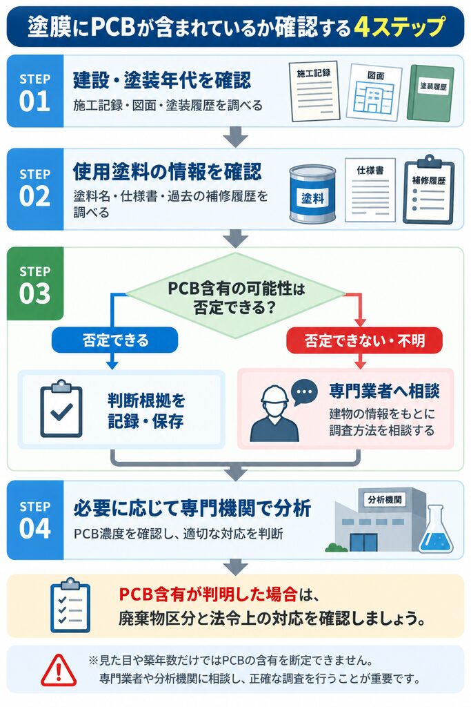 塗膜にPCBが含まれている可能性を確認するための4ステップを示したフロー図。STEP01では施工記録・図面・塗装履歴から建設・塗装年代を確認し、STEP02では塗料名・仕様書・補修履歴を調査する。STEP03ではPCB含有の可能性を否定できるか判断し、否定できる場合は根拠を記録・保存、否定できない場合や不明な場合は専門業者へ相談する。STEP04では必要に応じて専門機関に分析を依頼し、PCB濃度を確認する。PCB含有が判明した場合は廃棄物区分と法令上の対応を確認する必要があり、見た目や築年数だけでは含有を断定できないことを注意書きで示している。
