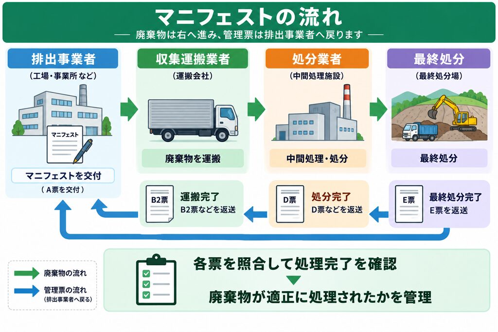 産業廃棄物が排出事業者から収集運搬業者、処分業者、最終処分へ進み、運搬・処分・最終処分の完了を示すマニフェスト各票が排出事業者へ返送され、適正処理を確認する流れを示した図解。