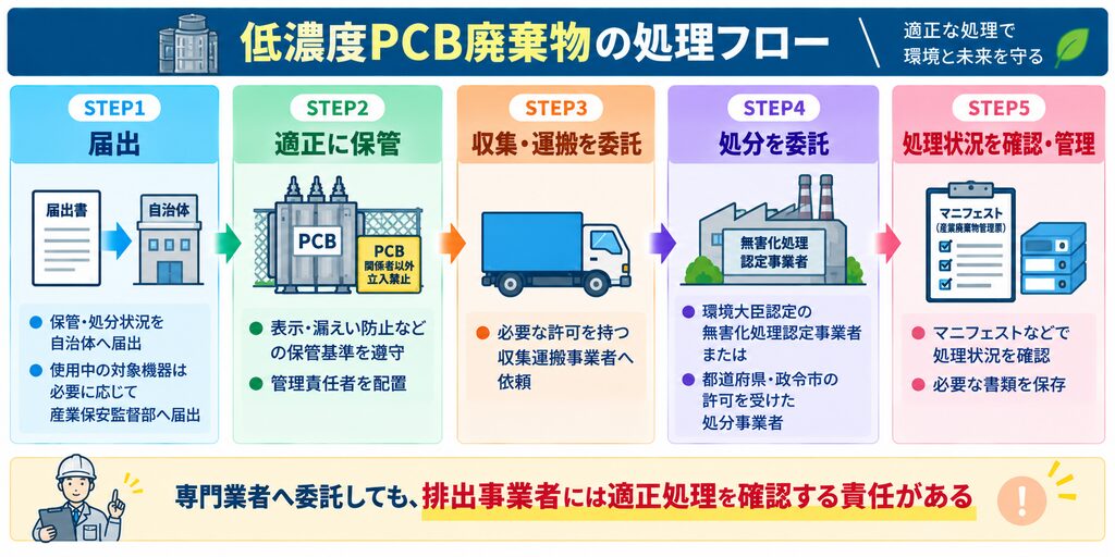 低濃度PCB廃棄物について、自治体等への届出、適正な保管、許可業者への収集運搬・処分の委託、マニフェストによる処理状況の確認・書類保存までの5ステップと、排出事業者の適正処理確認責任を示した図。