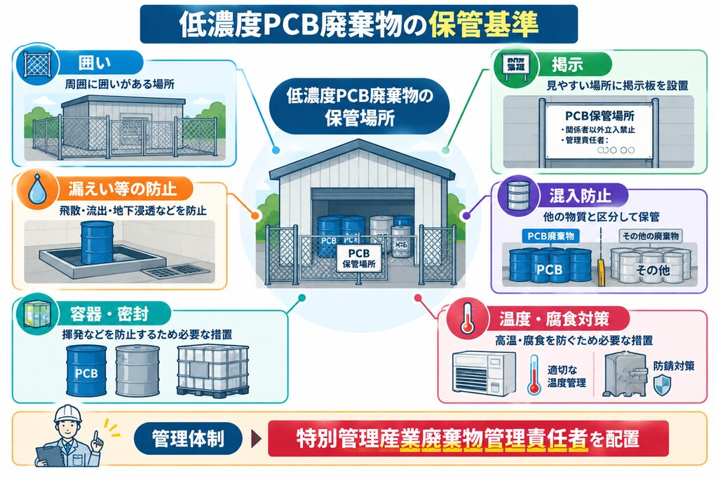 低濃度PCB廃棄物の保管場所について、囲い・掲示、漏えい等の防止、他の物質との区分、容器・密封、温度・腐食対策などの保管基準と、特別管理産業廃棄物管理責任者を配置する管理体制を示した図。