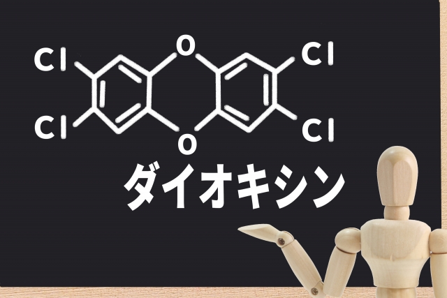 ダイオキシンの分子構造と木製の人形