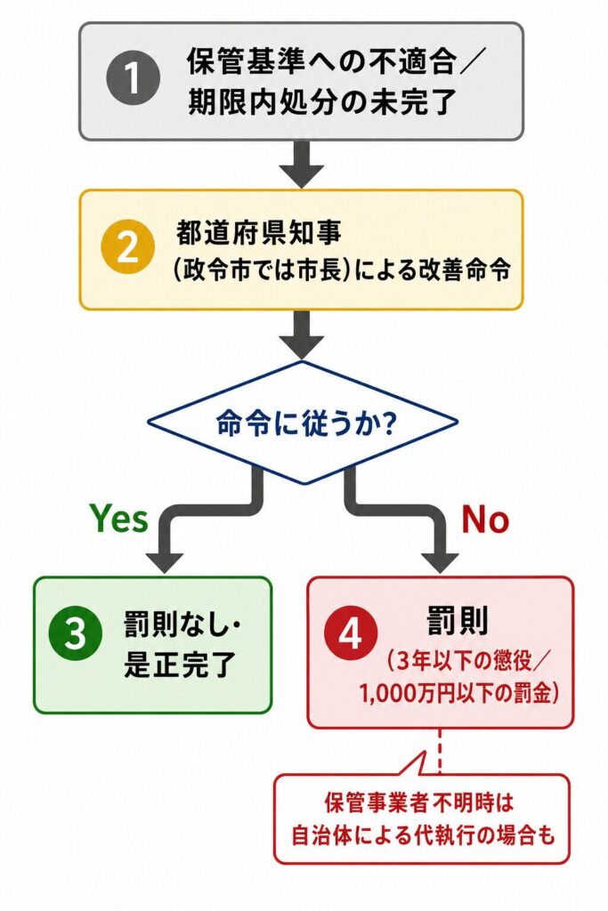 保管基準への不適合や期限内処分の未完了がある場合の措置命令と罰則の流れを示すフロー図