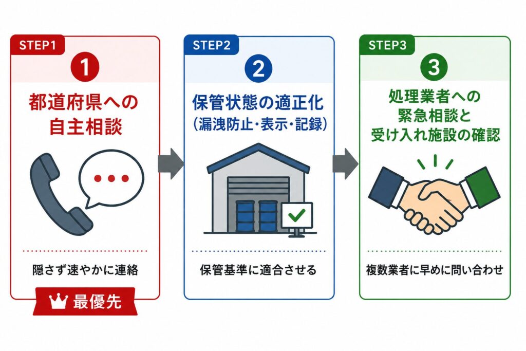 PCB処理期限を超過した場合に今すぐ取るべき対応を、優先順位順に3ステップで示した図