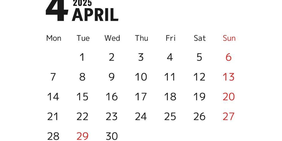 2025年4月のカレンダー、日曜が赤で強調