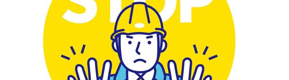 手のひらを前に出して警告する作業員のSTOPイラスト
