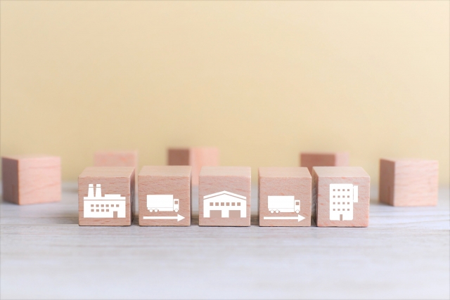 工場やトラックが書かれたブロック