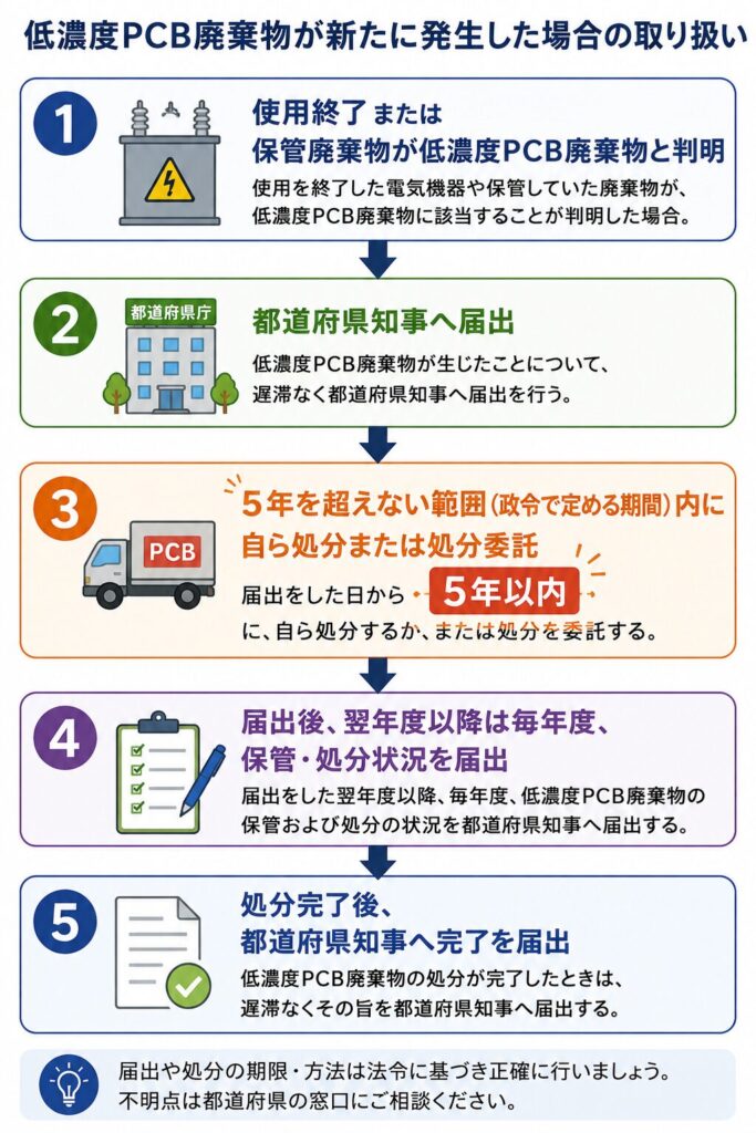 低濃度PCB廃棄物が新たに発生した場合の手続きを示した図解